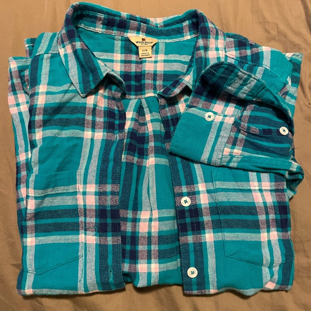 Gently Used, Blue/turquoise plaid flannel. Hints of pink. white & navy.